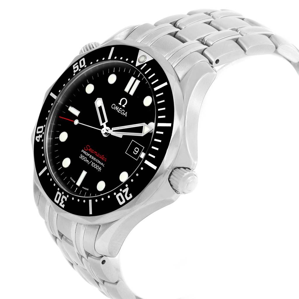The image shows an angled view of an Omega Seamaster 212.30.41.61.01.001 Men
s Stainless Steel Black Dial 212.30.41.61.01.001 Men
s Stainless Steel Black Dial watch, highlighting its face, bezel, crown, and metal bracelet.