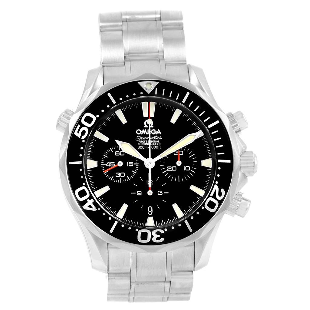 The image displays a front view of an Omega Seamaster 2594.52.00 Men
s Stainless Steel Black Dial 2594.52.00 Men
s Stainless Steel Black Dial watch, highlighting its face, bezel, and stainless steel bracelet.
