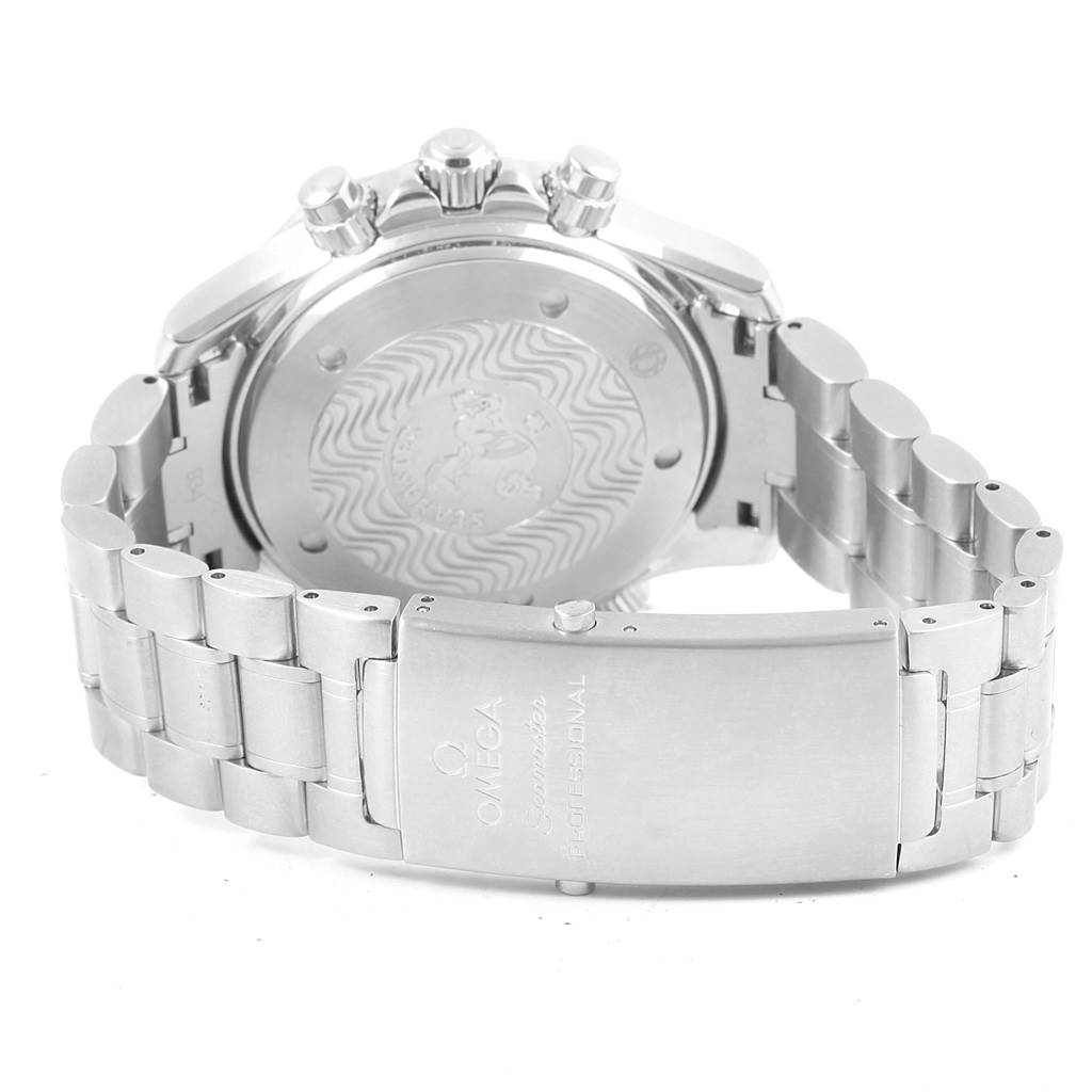 The image shows the back case, crown, and stainless steel bracelet with the clasp of the Omega Seamaster 2594.52.00 Men
s Stainless Steel Black Dial 2594.52.00 Men
s Stainless Steel Black Dial watch.