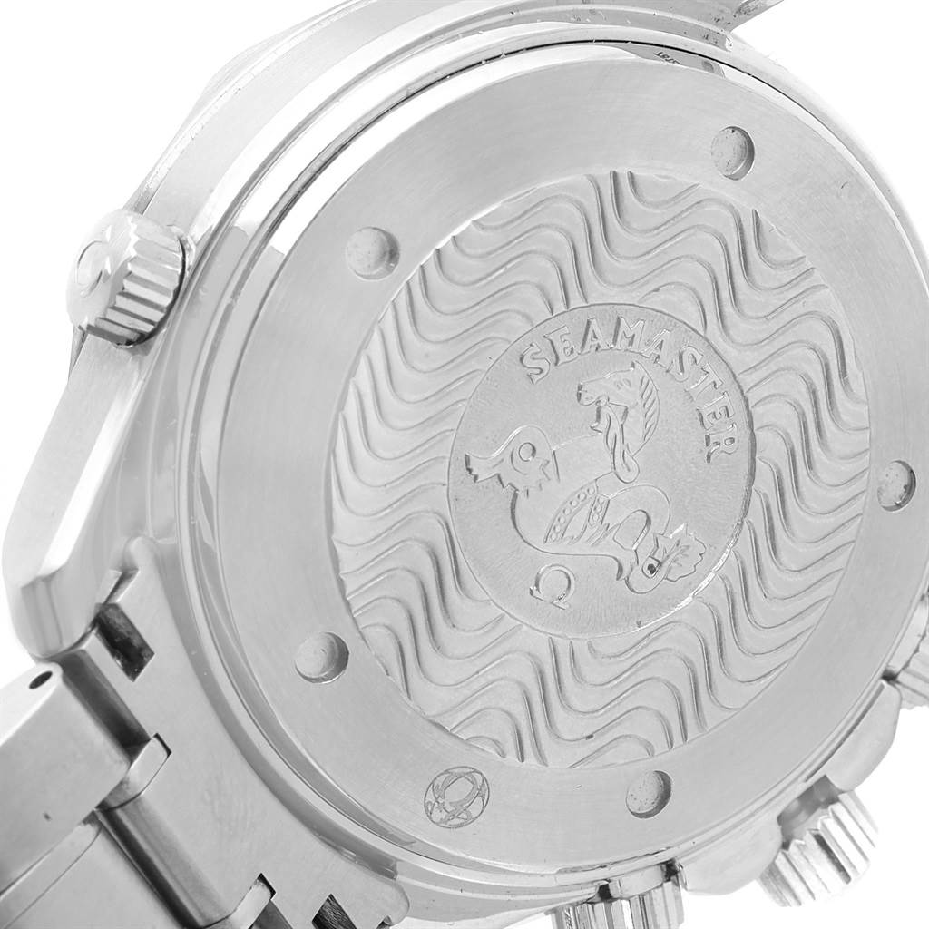 The image shows the case back and part of the bracelet of an Omega Seamaster 2594.52.00 Men
s Stainless Steel Black Dial 2594.52.00 Men
s Stainless Steel Black Dial watch, viewed from an angled rear perspective.