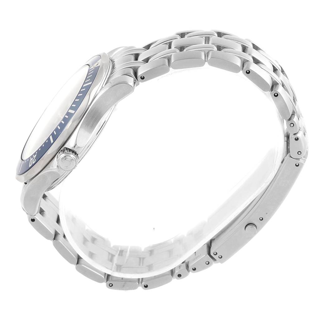 The image shows a side view of an Omega Seamaster 2537.80.00 Men's Stainless Steel Blue Dial 2537.80.00 Men's Stainless Steel Blue Dial watch, highlighting its bracelet, bezel, and crown.
