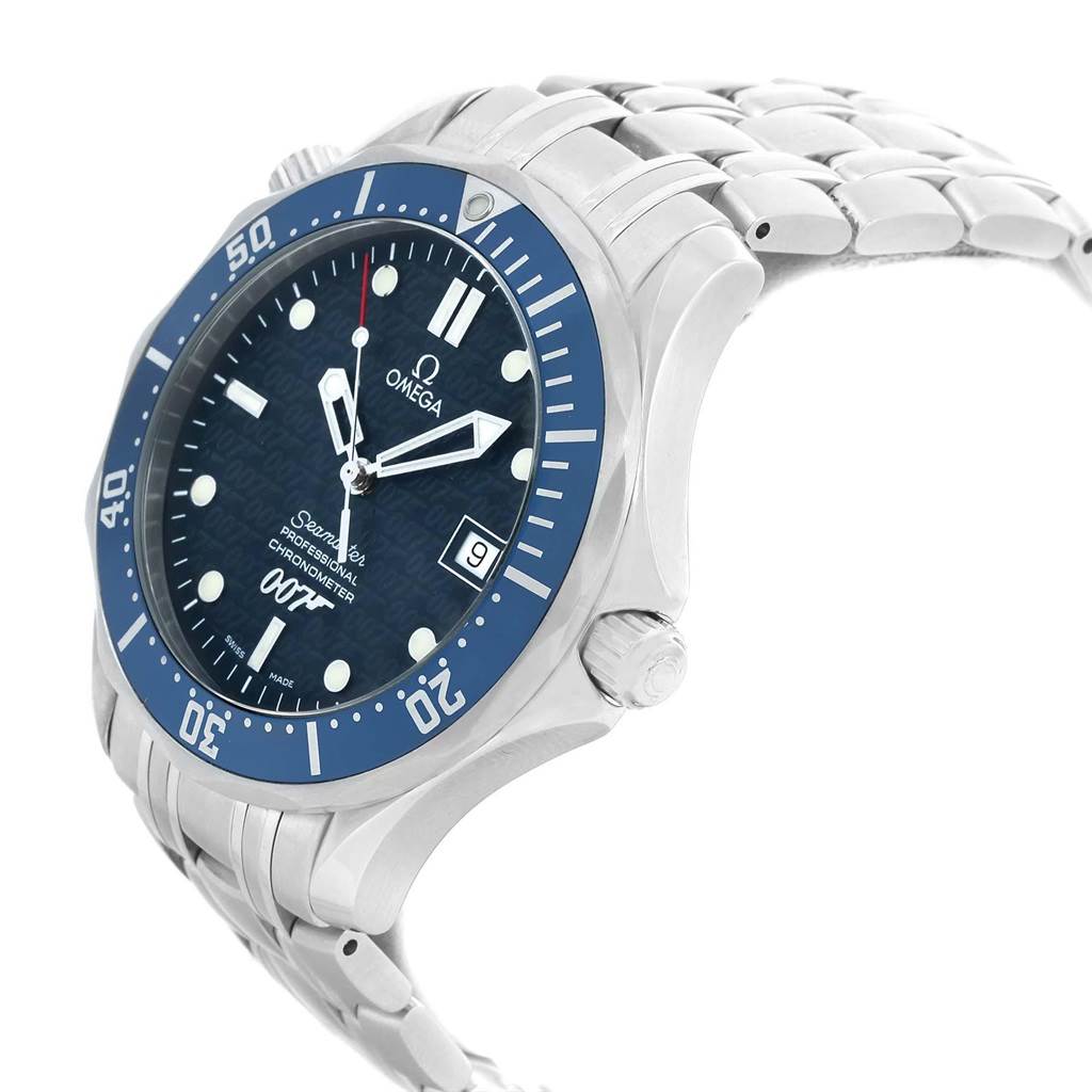 This image shows a side angle of the Omega Seamaster 2537.80.00 Men's Stainless Steel Blue Dial 2537.80.00 Men's Stainless Steel Blue Dial watch, displaying the dial, bezel, crown, and metal bracelet.