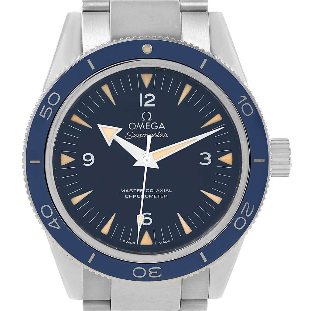 The image shows a front view of an Omega Seamaster 233.90.41.21.03.001 Men's Titanium Blue Dial 233.90.41.21.03.001 Men's Titanium Blue Dial watch, displaying its face, bezel, and part of the bracelet.