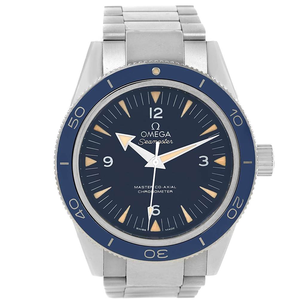 The image shows a front view of the Omega Seamaster 233.90.41.21.03.001 Men's Titanium Blue Dial 233.90.41.21.03.001 Men's Titanium Blue Dial watch, including the dial, bezel, crown, and bracelet.