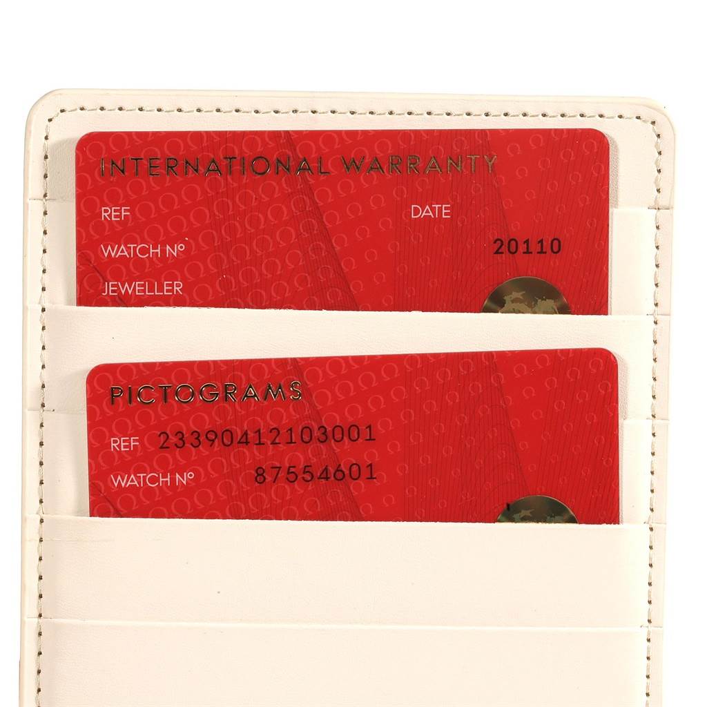 The image shows warranty and pictogram cards for the Omega Seamaster 233.90.41.21.03.001 Men's Titanium Blue Dial 233.90.41.21.03.001 Men's Titanium Blue Dial watch, placed in a white cardholder.