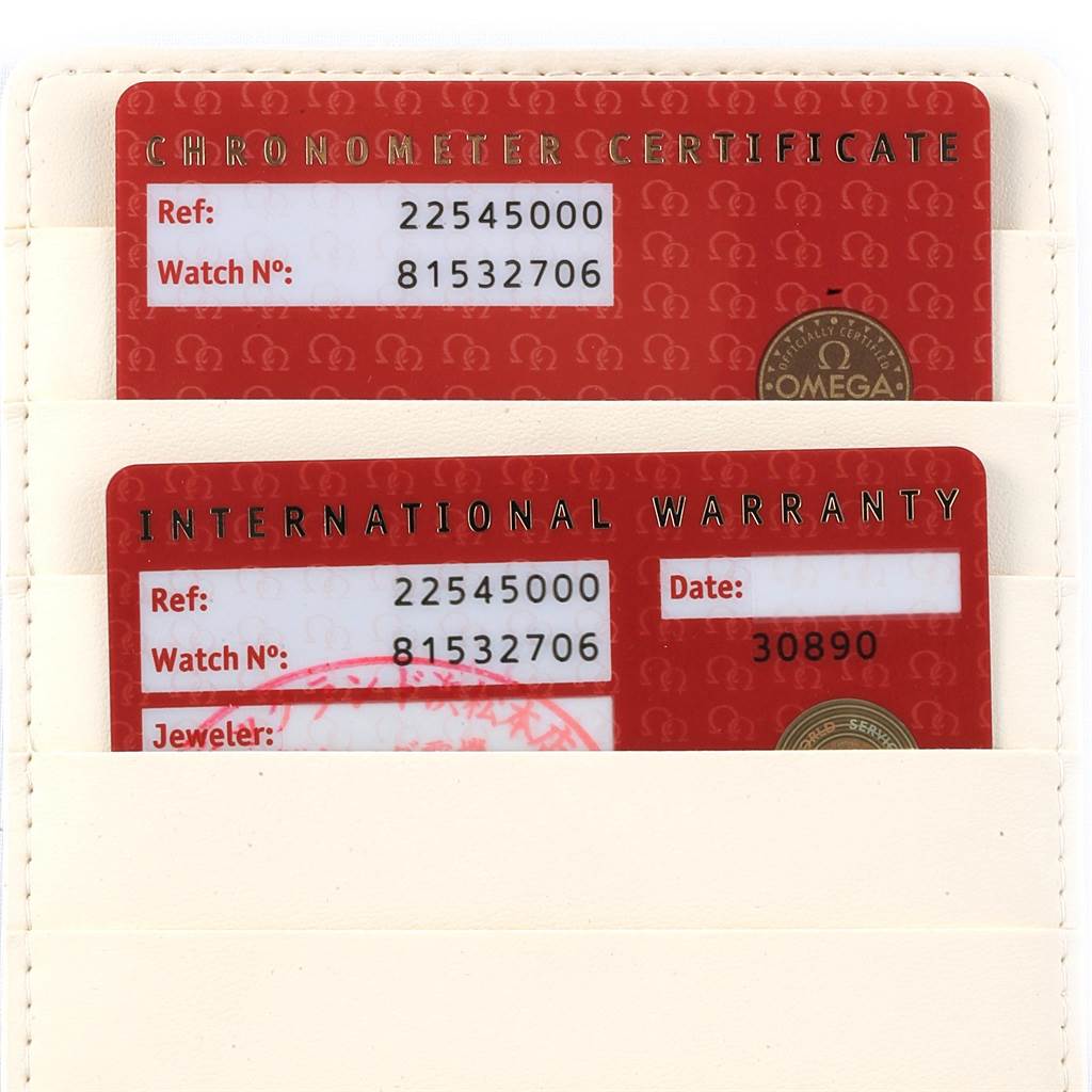 The image shows a Chronometer Certificate and an International Warranty card for the Omega Seamaster 2254.50.00 Men
s Stainless Steel Black Dial 2254.50.00 Men
s Stainless Steel Black Dial watch.