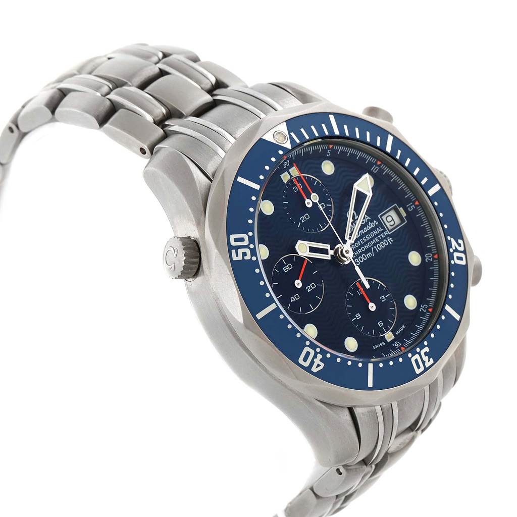 The image shows an Omega Seamaster 2298.80.00 Men
s Titanium Blue Dial 2298.80.00 Men
s Titanium Blue Dial watch at a three-quarter angle, displaying its face, bezel, crown, and metal bracelet.