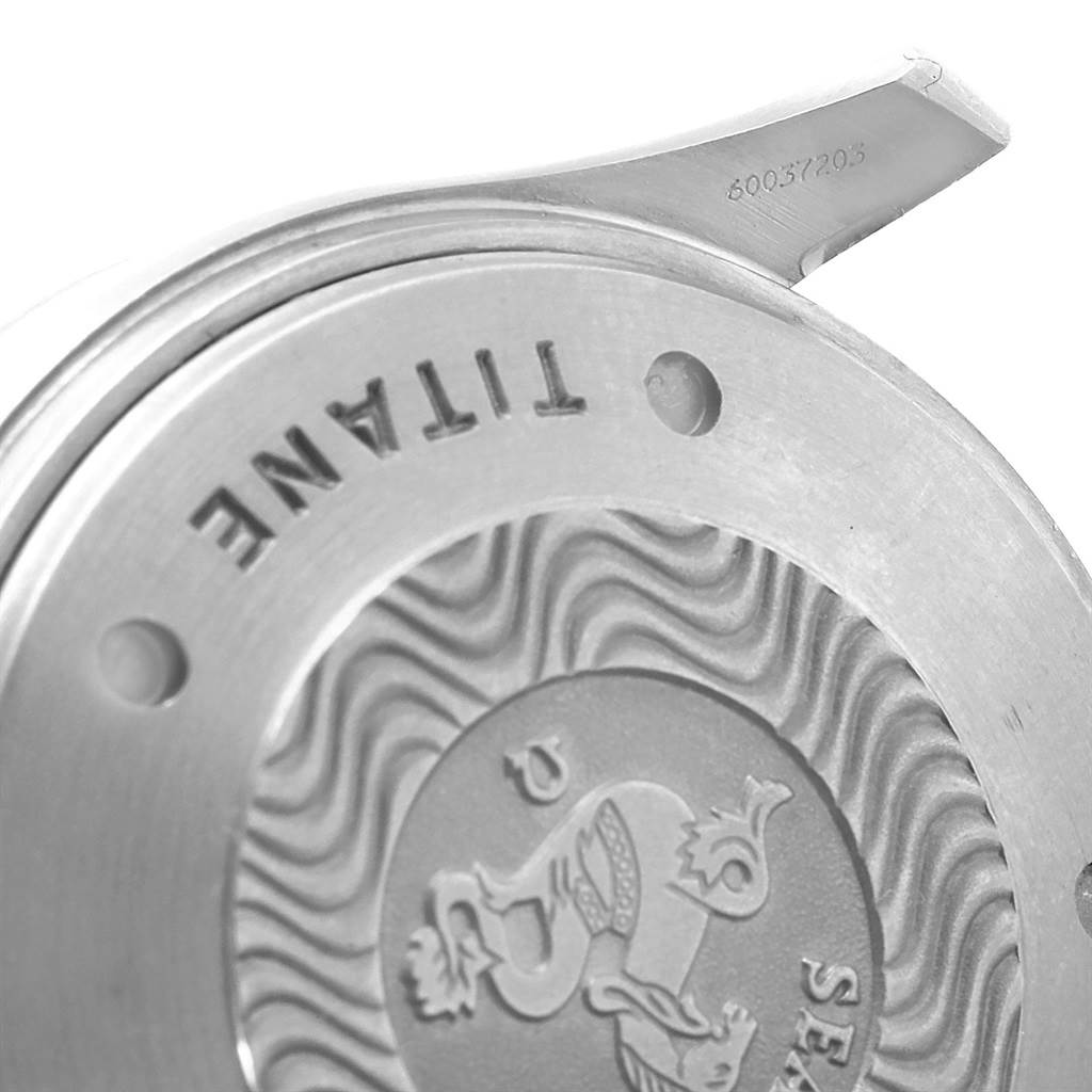 The image shows the back case of an Omega Seamaster 2298.80.00 Men
s Titanium Blue Dial 2298.80.00 Men
s Titanium Blue Dial watch, displaying the titanium material and serial number.