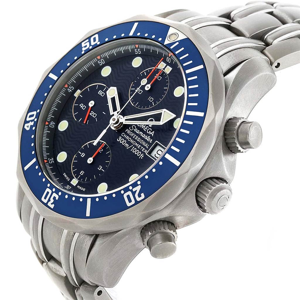 The Omega Seamaster 2298.80.00 Men
s Titanium Blue Dial 2298.80.00 Men
s Titanium Blue Dial watch is shown at a three-quarter angle, highlighting the bezel, dial, and stainless steel band.