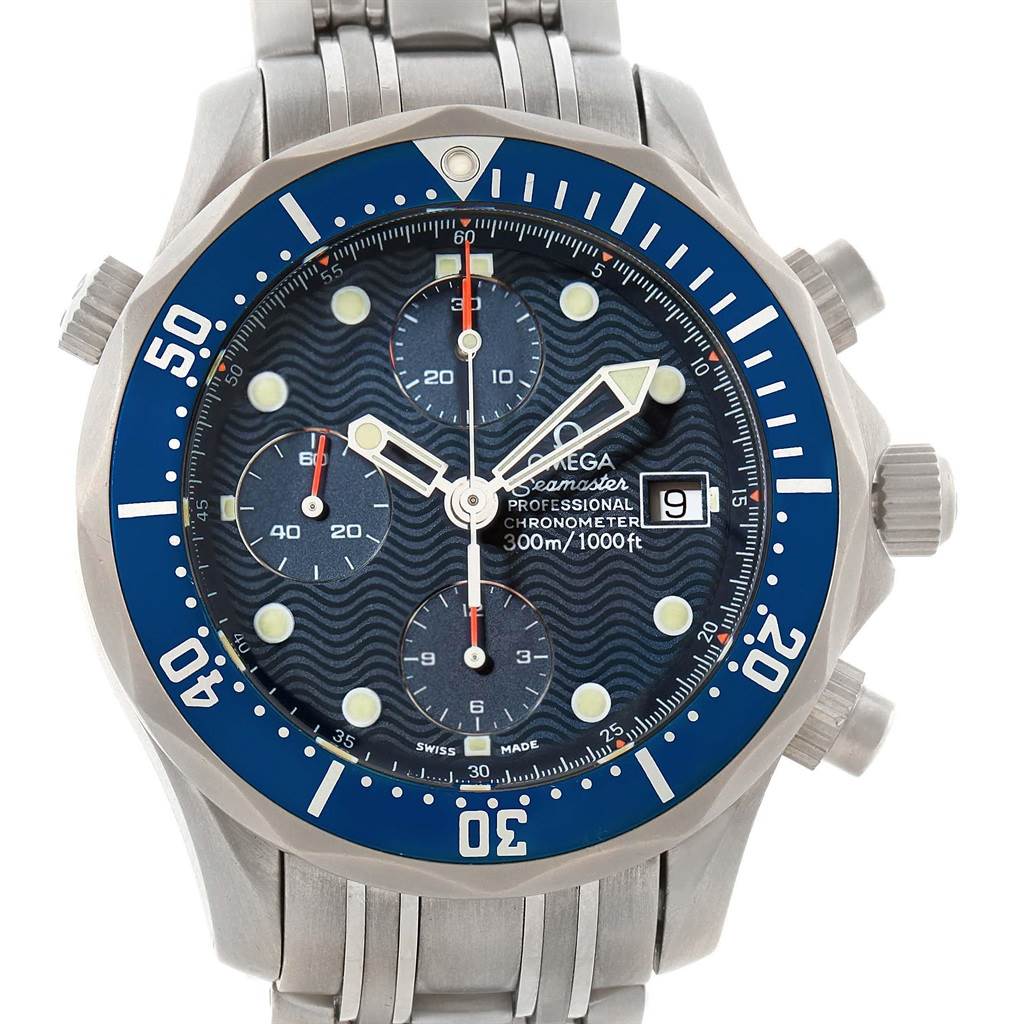 This image shows the front view of an Omega Seamaster 2298.80.00 Men
s Titanium Blue Dial 2298.80.00 Men
s Titanium Blue Dial watch, highlighting the dial, bezel, hands, and bracelet.