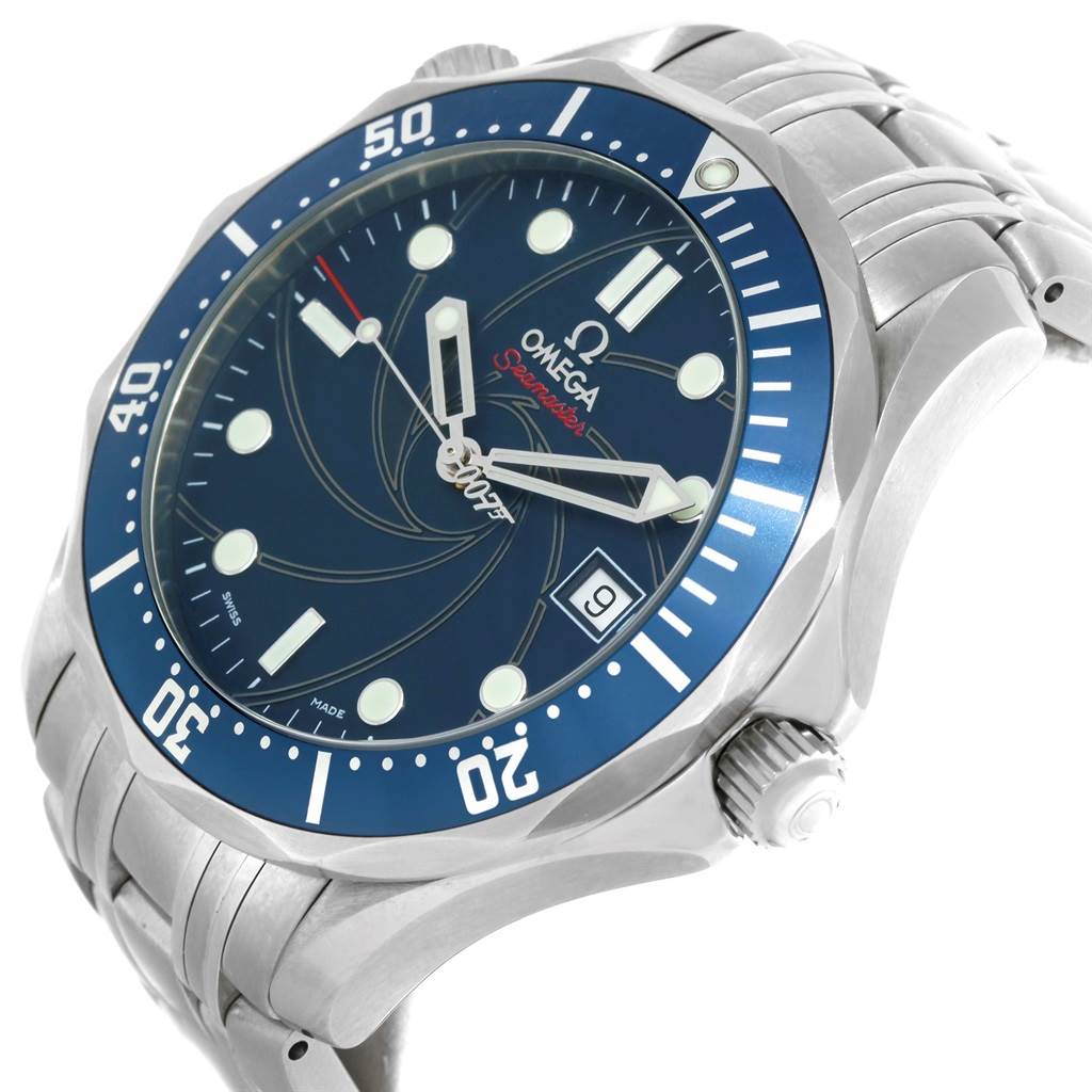 The image shows an angled view of the Omega Seamaster 2226.80.00 Men's Stainless Steel Blue Dial 2226.80.00 Men's Stainless Steel Blue Dial watch, highlighting its face, bracelet, bezel, and crown.