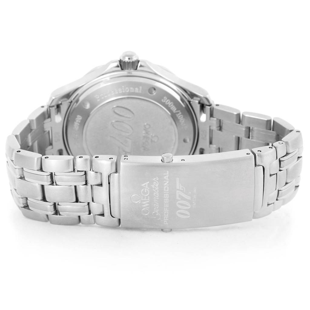 The image shows the back and clasp of an Omega Seamaster 2226.80.00 Men's Stainless Steel Blue Dial 2226.80.00 Men's Stainless Steel Blue Dial watch, including the engraved logo and bracelet links.