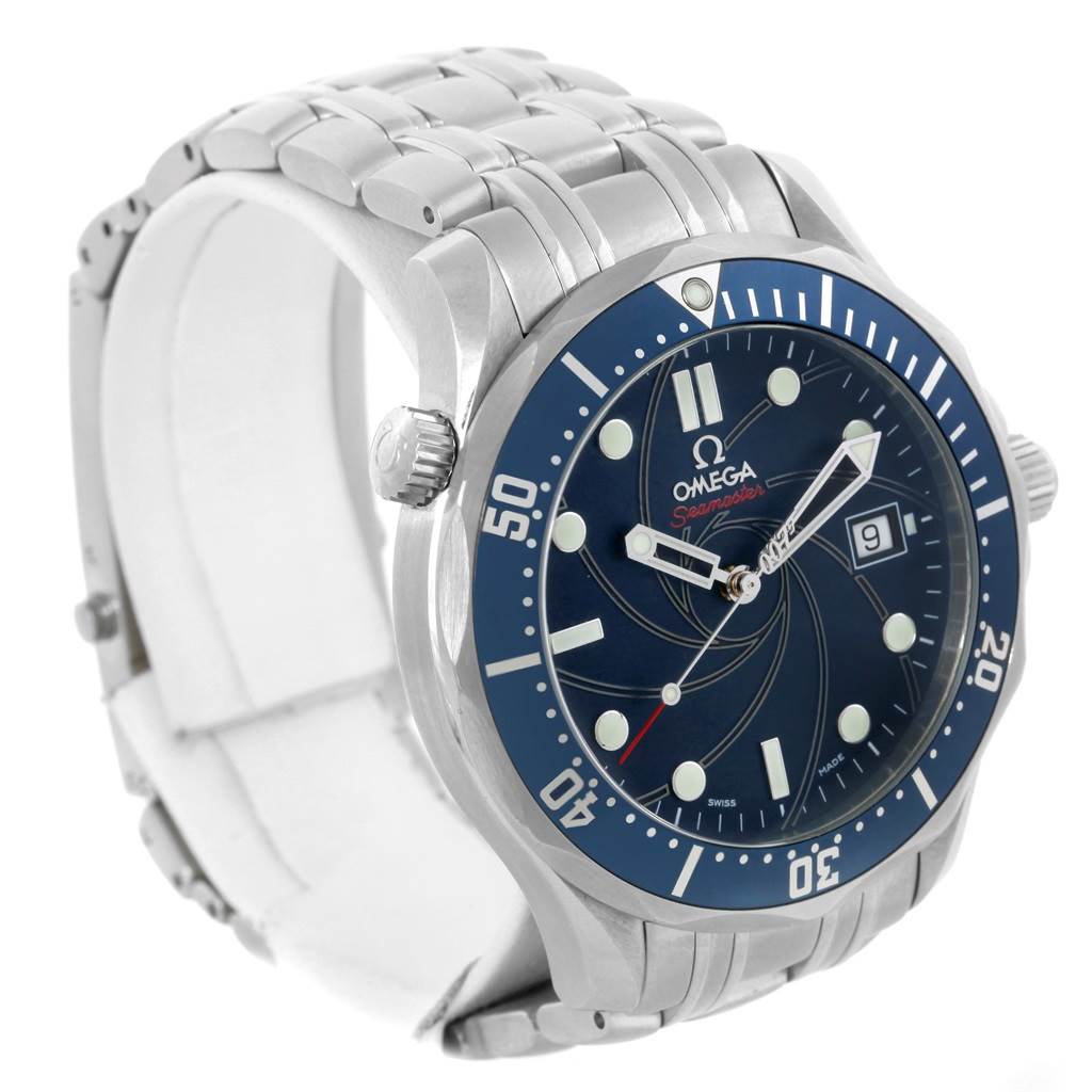 The image shows an Omega Seamaster 2226.80.00 Men's Stainless Steel Blue Dial 2226.80.00 Men's Stainless Steel Blue Dial watch at a slight left-side angle, highlighting the face, bezel, and bracelet.
