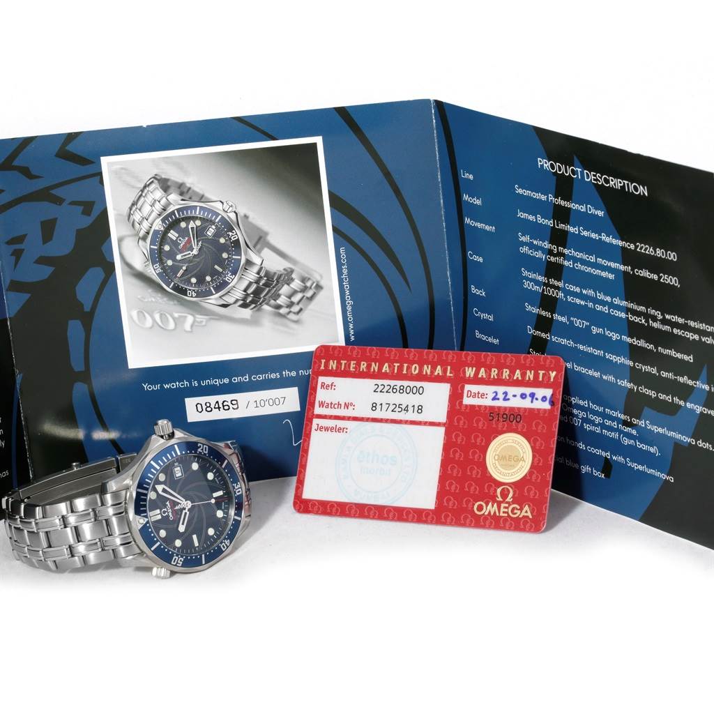 The Omega Seamaster 2226.80.00 Men's Stainless Steel Blue Dial 2226.80.00 Men's Stainless Steel Blue Dial watch is shown with its warranty card and product booklet, viewed from the front.