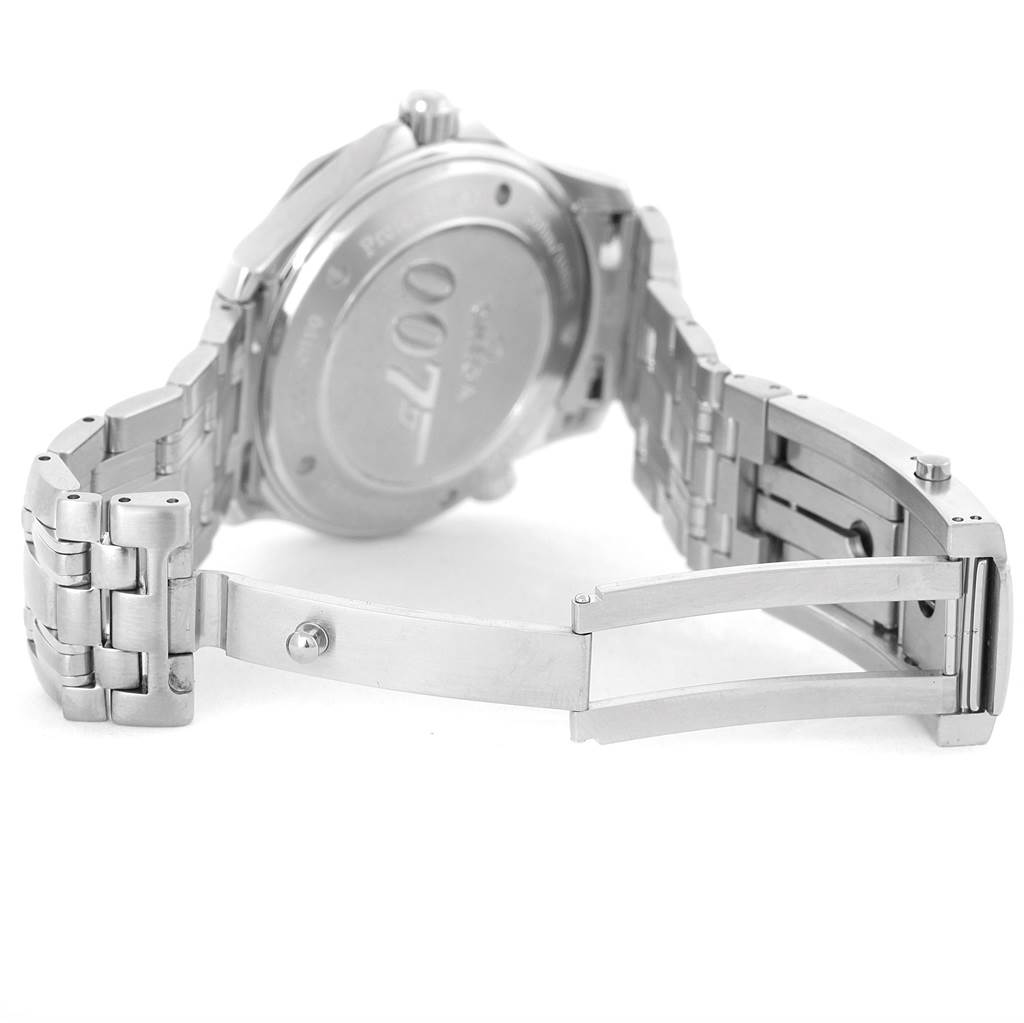 The image shows the back and bracelet of an Omega Seamaster 2226.80.00 Men's Stainless Steel Blue Dial 2226.80.00 Men's Stainless Steel Blue Dial watch in a partially open position, highlighting the clasp and case back.