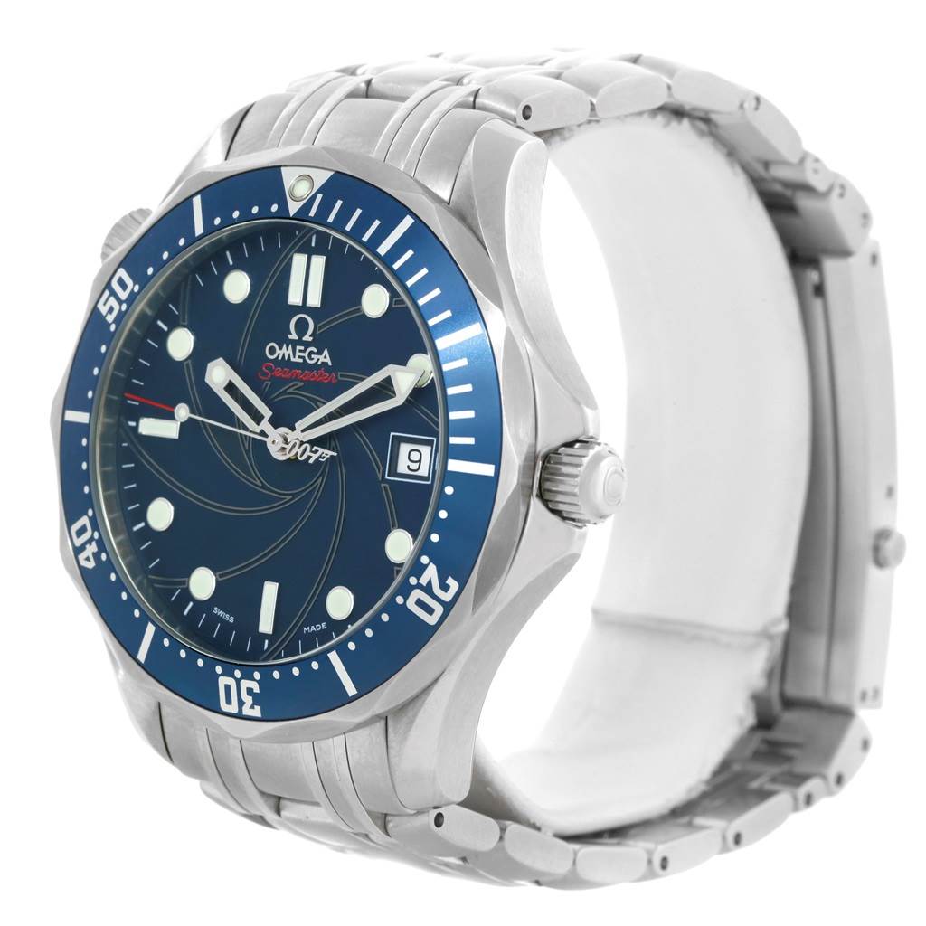 The Omega Seamaster 2226.80.00 Men's Stainless Steel Blue Dial 2226.80.00 Men's Stainless Steel Blue Dial watch is shown at a slight angle from the front, highlighting its face and metal bracelet.