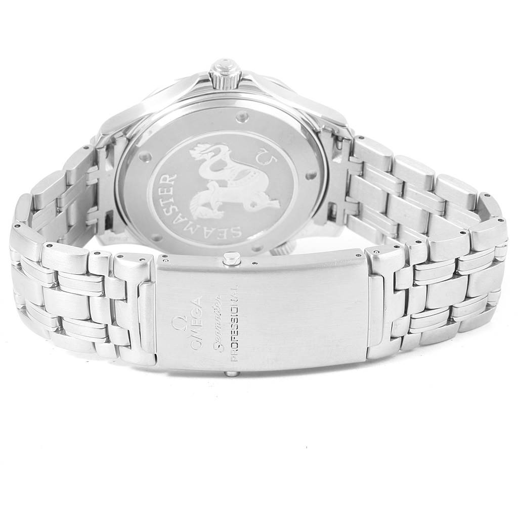 The image shows the back and clasp of the Omega Seamaster 212.30.41.20.01.002 Men
s Stainless Steel Black Dial 212.30.41.20.01.002 Men
s Stainless Steel Black Dial watch, highlighting the engraved case back and metal bracelet.