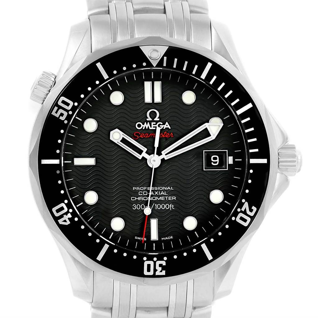 The image shows a front view of the Omega Seamaster 212.30.41.20.01.002 Men
s Stainless Steel Black Dial 212.30.41.20.01.002 Men
s Stainless Steel Black Dial watch, displaying the dial, bezel, hands, date, and part of the bracelet.