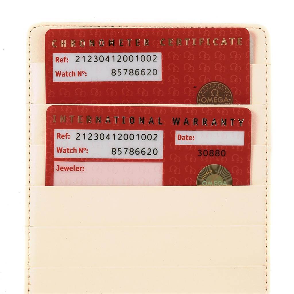 This image shows the chronometer certificate and international warranty cards for the Omega Seamaster 212.30.41.20.01.002 Men
s Stainless Steel Black Dial 212.30.41.20.01.002 Men
s Stainless Steel Black Dial model.