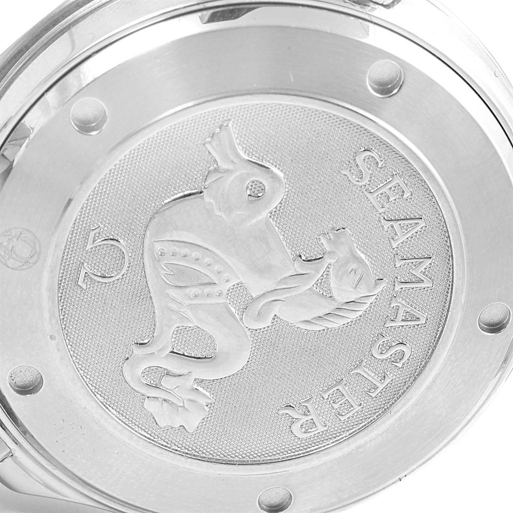 The image shows the back of an Omega Seamaster 212.30.41.20.01.002 Men
s Stainless Steel Black Dial 212.30.41.20.01.002 Men
s Stainless Steel Black Dial watch, featuring the engraved logo.