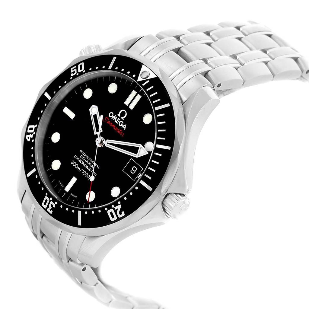 The image shows an angled view of an Omega Seamaster 212.30.41.20.01.002 Men
s Stainless Steel Black Dial 212.30.41.20.01.002 Men
s Stainless Steel Black Dial watch, highlighting the face, bezel, crown, and part of the bracelet.