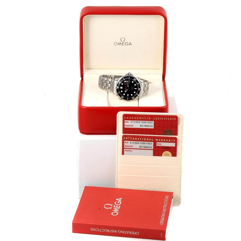 The Omega Seamaster 212.30.41.20.01.002 Men
s Stainless Steel Black Dial 212.30.41.20.01.002 Men
s Stainless Steel Black Dial watch is shown in its box with a chronometer certificate, an international warranty card, and an operating instructions booklet.