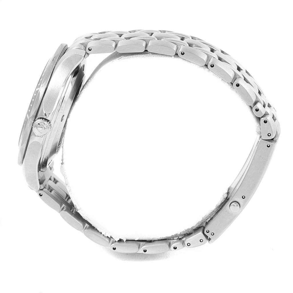 The image shows a side view of an Omega Seamaster 212.30.41.20.01.002 Men
s Stainless Steel Black Dial 212.30.41.20.01.002 Men
s Stainless Steel Black Dial watch, focusing on the metal bracelet and the watch case
s thickness.