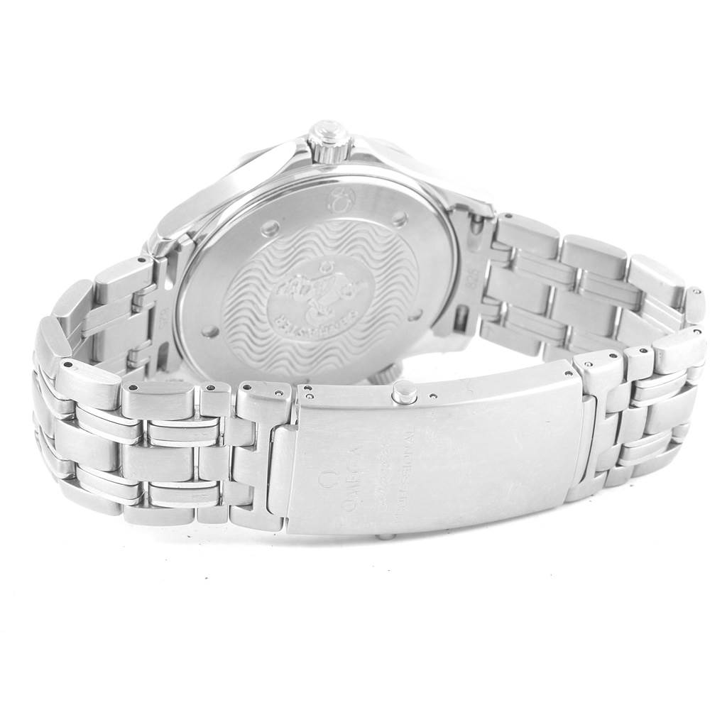 The image shows the back case and bracelet clasp of an Omega Seamaster 2531.80.00 Men
s Stainless Steel Blue Dial 2531.80.00 Men
s Stainless Steel Blue Dial watch from an angled rear view.