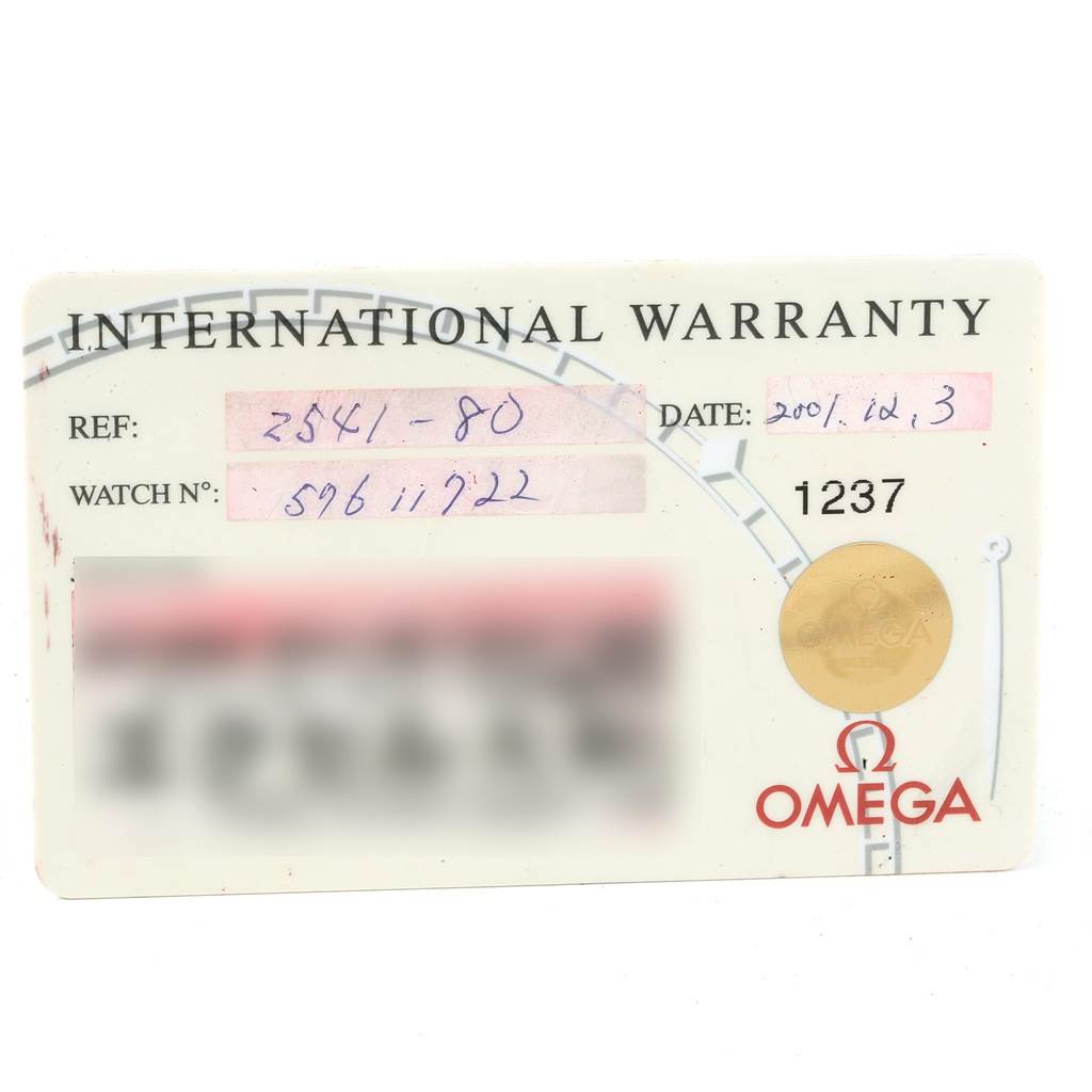 The image shows an Omega Seamaster 2541.80.00 Men
s Stainless Steel Blue Dial 2541.80.00 Men
s Stainless Steel Blue Dial International Warranty card, displaying the reference number, watch number, date, and Omega logo.