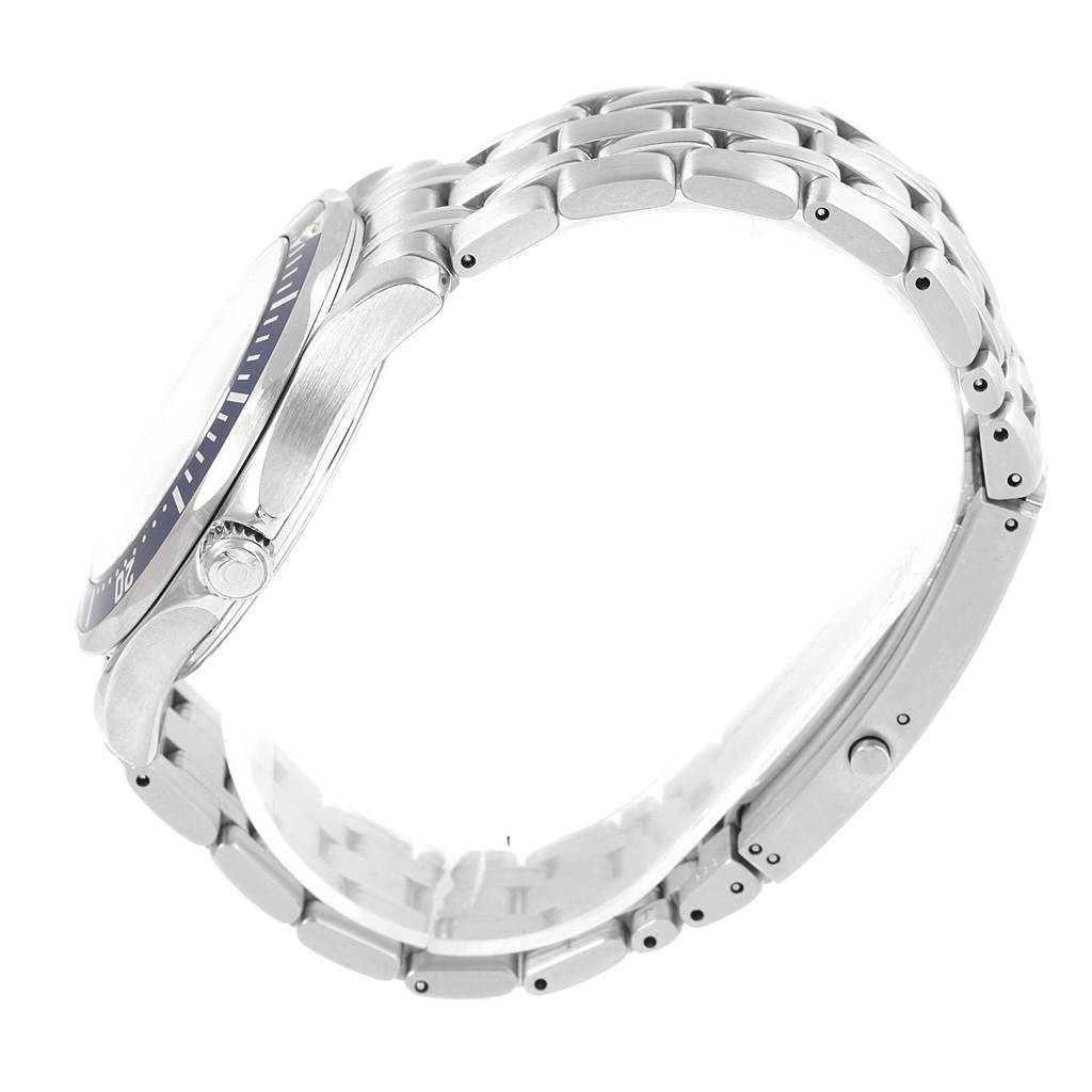 The image shows a side profile of the Omega Seamaster 2541.80.00 Men
s Stainless Steel Blue Dial 2541.80.00 Men
s Stainless Steel Blue Dial watch, highlighting its stainless steel case, bezel, crown, and bracelet.