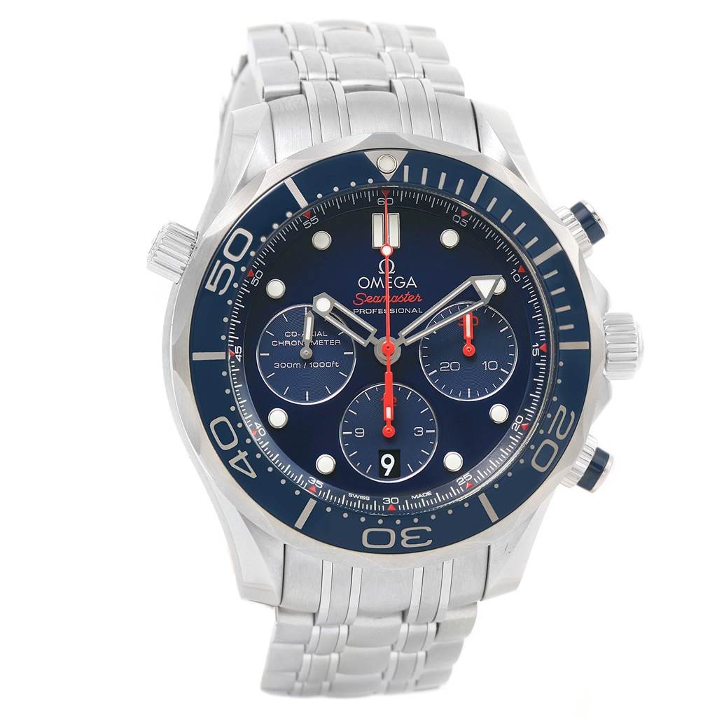 The image shows a front view of an Omega Seamaster 212.30.44.50.03.001 Men
s Stainless Steel Blue Dial 212.30.44.50.03.001 Men
s Stainless Steel Blue Dial watch, displaying the face, bezel, and stainless steel bracelet.