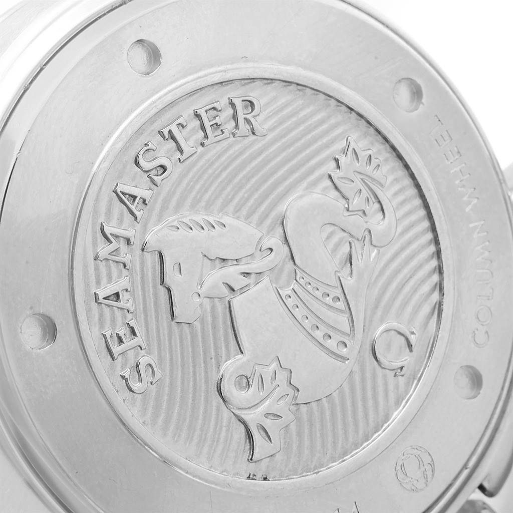 The image shows the case back of an Omega Seamaster 212.30.44.50.03.001 Men
s Stainless Steel Blue Dial 212.30.44.50.03.001 Men
s Stainless Steel Blue Dial watch, featuring an engraved seahorse emblem.