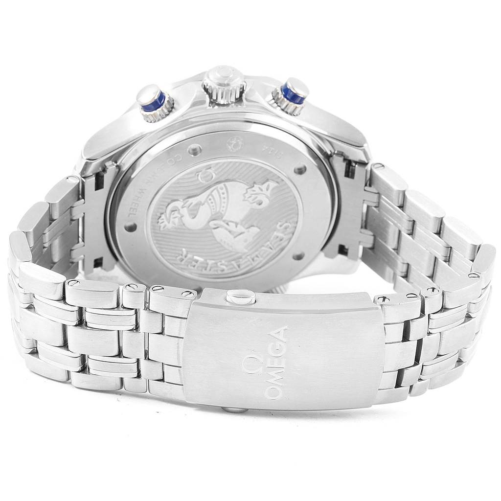 This image shows the back and clasp of an Omega Seamaster 212.30.44.50.03.001 Men
s Stainless Steel Blue Dial 212.30.44.50.03.001 Men
s Stainless Steel Blue Dial watch, highlighting its stainless steel bracelet and engraved case back.