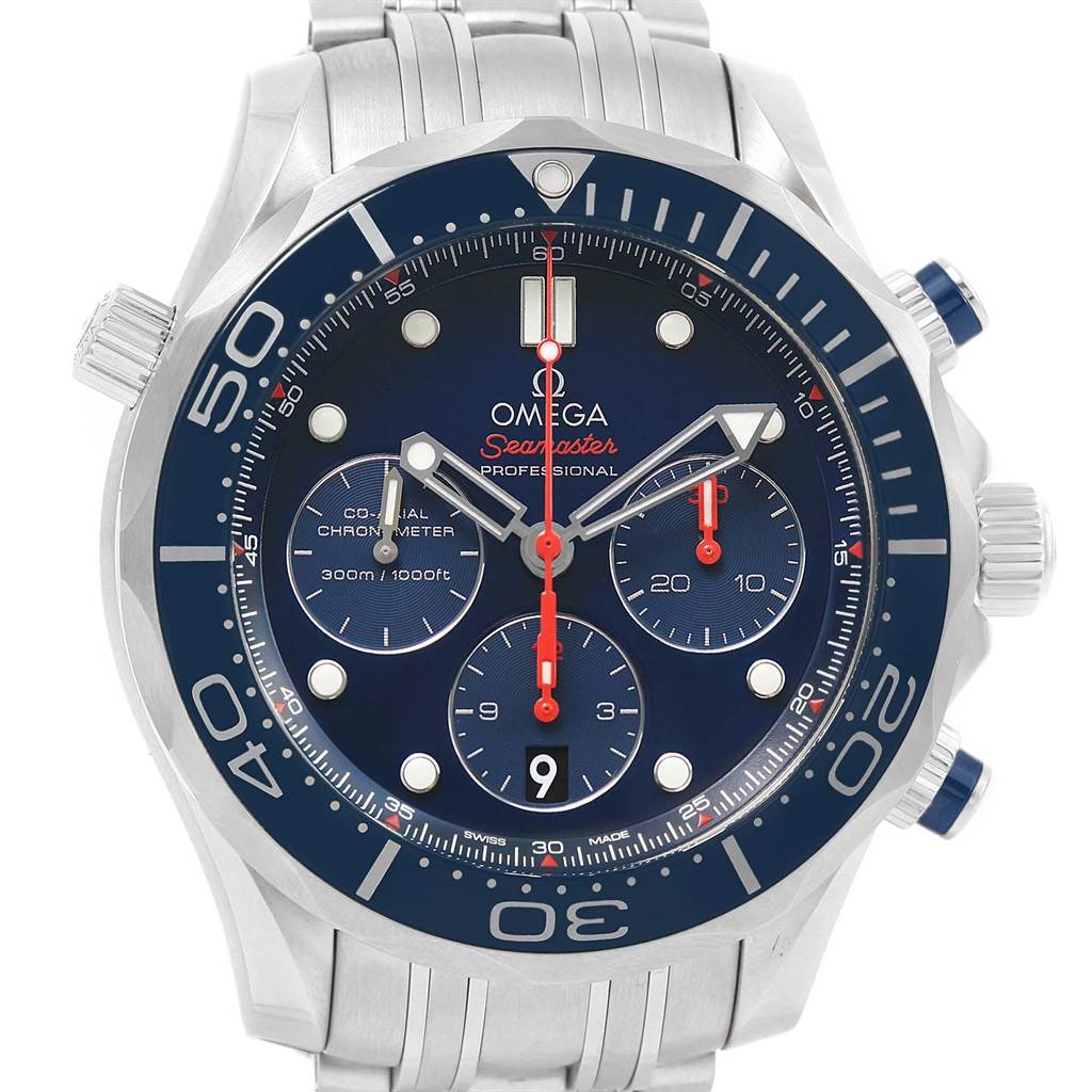 The image shows a frontal view of an Omega Seamaster 212.30.44.50.03.001 Men
s Stainless Steel Blue Dial 212.30.44.50.03.001 Men
s Stainless Steel Blue Dial watch, displaying the dial, bezel, and part of the bracelet.