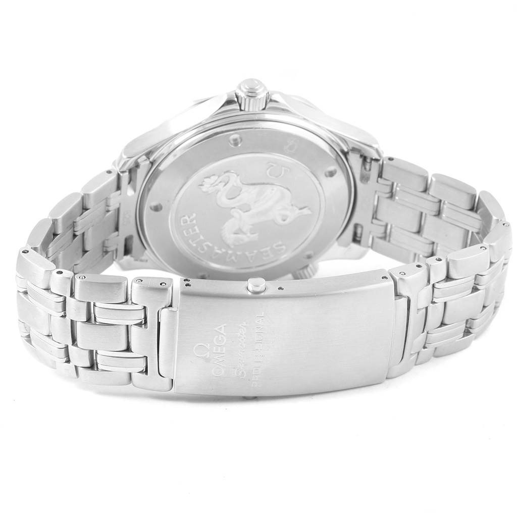 The image shows the back case and bracelet clasp of the Omega Seamaster 2220.80.00 Men
s Stainless Steel Blue Dial 2220.80.00 Men
s Stainless Steel Blue Dial watch from a rear angle.