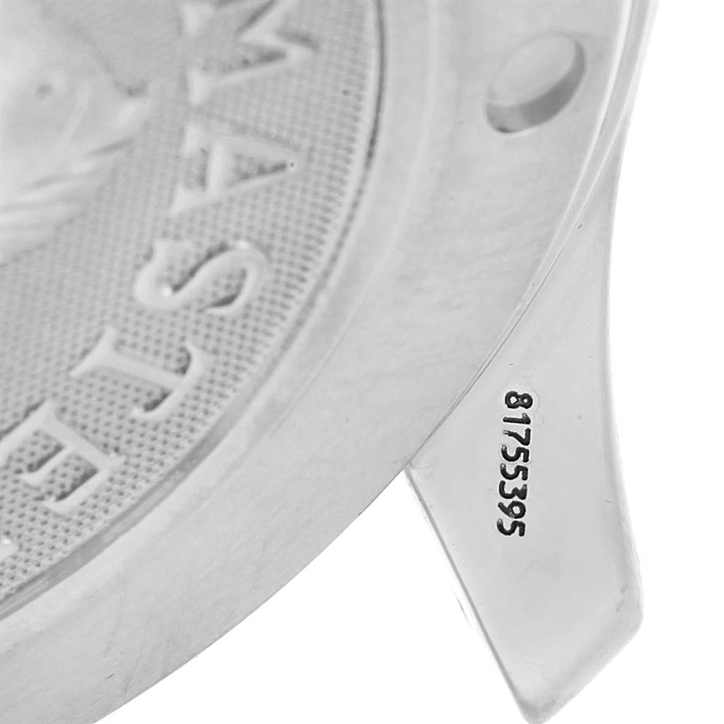 The image shows a close-up of the case back and one lug of an Omega Seamaster 2220.80.00 Men
s Stainless Steel Blue Dial 2220.80.00 Men
s Stainless Steel Blue Dial watch, with a visible part and serial number.