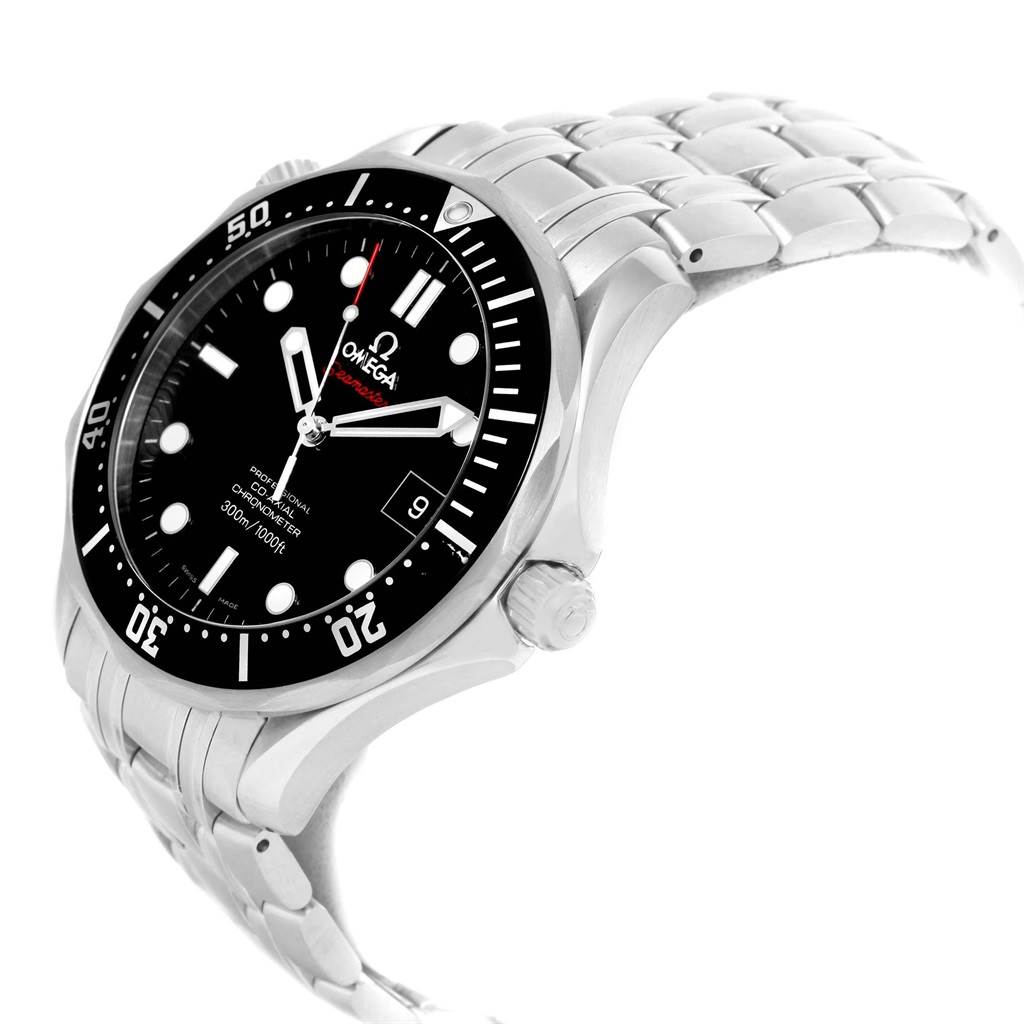 The Omega Seamaster 212.30.41.20.01.002 Men
s Stainless Steel Black Dial 212.30.41.20.01.002 Men
s Stainless Steel Black Dial watch is shown at an angle highlighting the dial, bezel, bracelet, and crown.