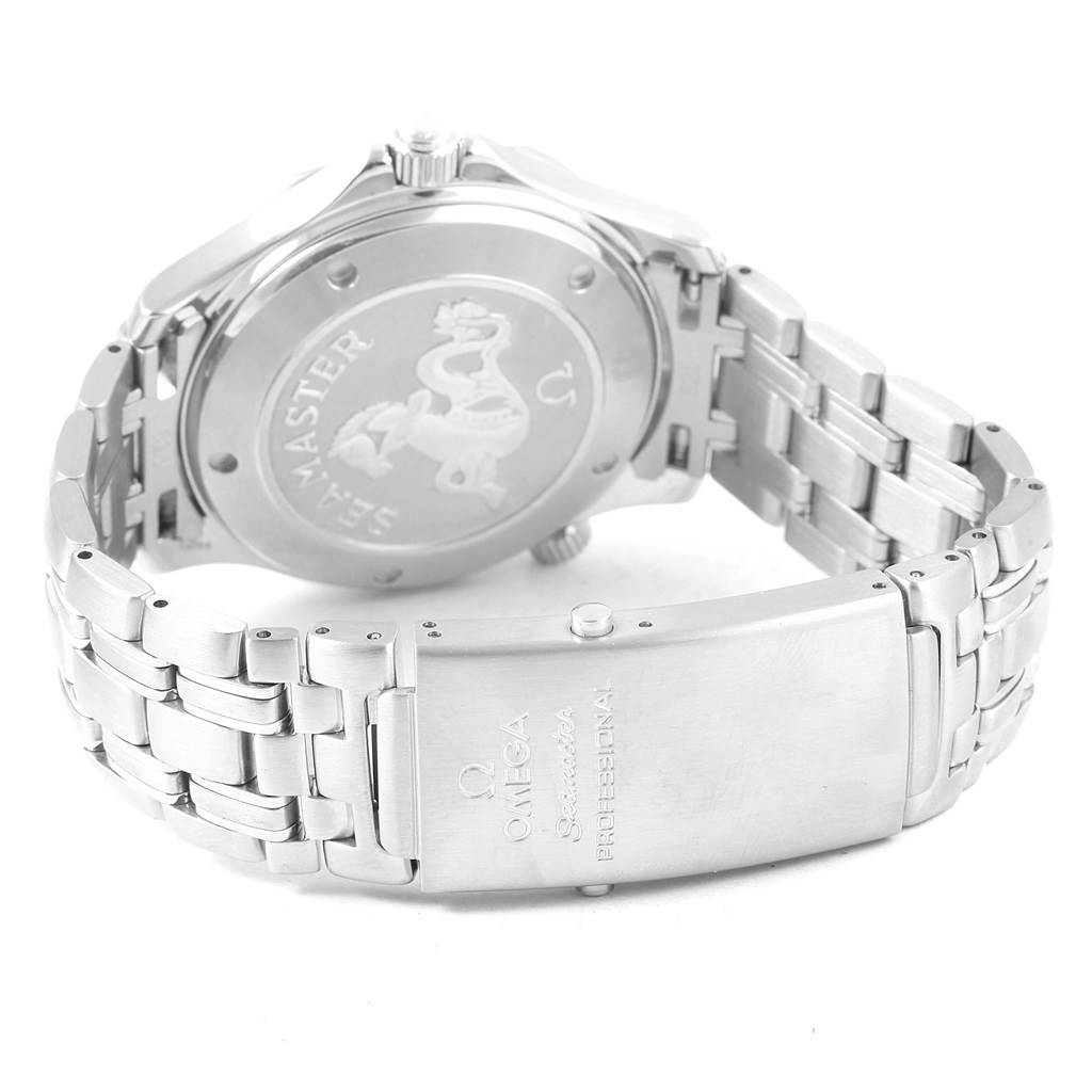 The image shows the back and clasp of an Omega Seamaster 212.30.41.20.01.002 Men
s Stainless Steel Black Dial 212.30.41.20.01.002 Men
s Stainless Steel Black Dial watch, highlighting the engraved case back and the metal bracelet clasp.