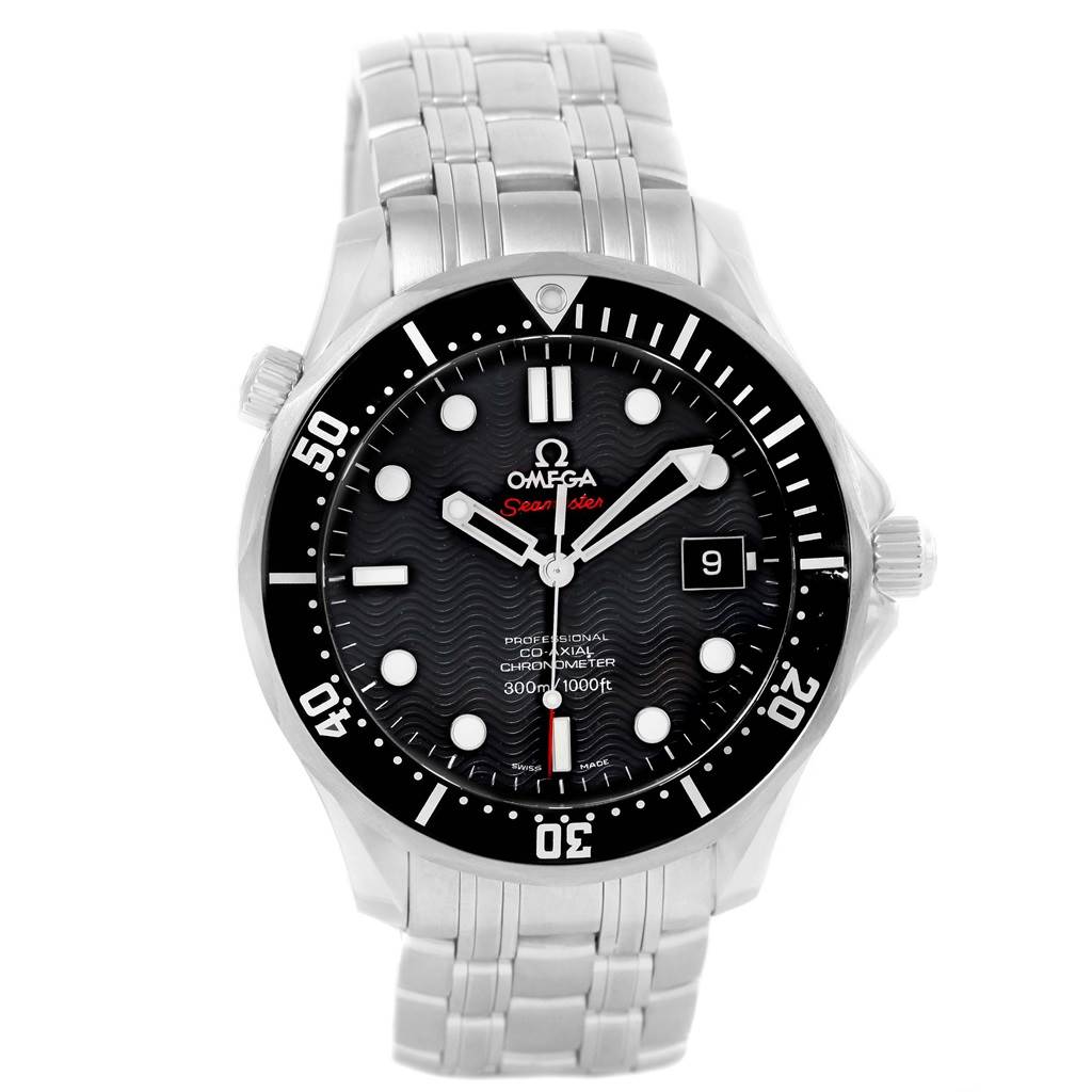 The image shows a frontal view of an Omega Seamaster 212.30.41.20.01.002 Men
s Stainless Steel Black Dial 212.30.41.20.01.002 Men
s Stainless Steel Black Dial watch, displaying its dial, bezel, and bracelet.