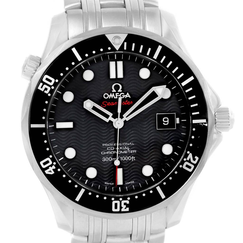 The image shows a front-facing view of an Omega Seamaster 212.30.41.20.01.002 Men
s Stainless Steel Black Dial 212.30.41.20.01.002 Men
s Stainless Steel Black Dial watch, highlighting the dial, bezel, hands, and date window.