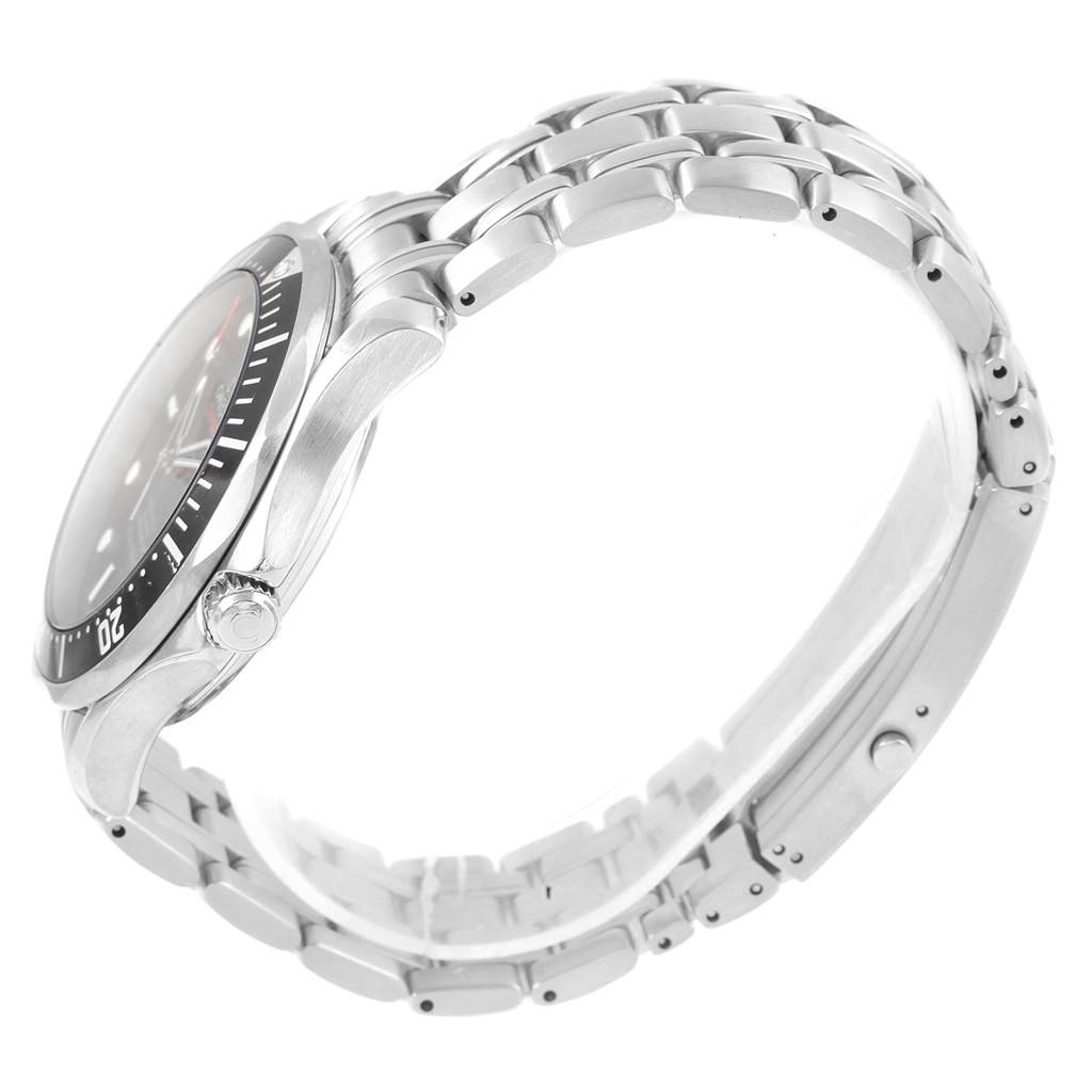 The image shows a side view of the Omega Seamaster 212.30.41.20.01.002 Men
s Stainless Steel Black Dial 212.30.41.20.01.002 Men
s Stainless Steel Black Dial watch, highlighting its stainless steel bracelet, bezel, and crown.