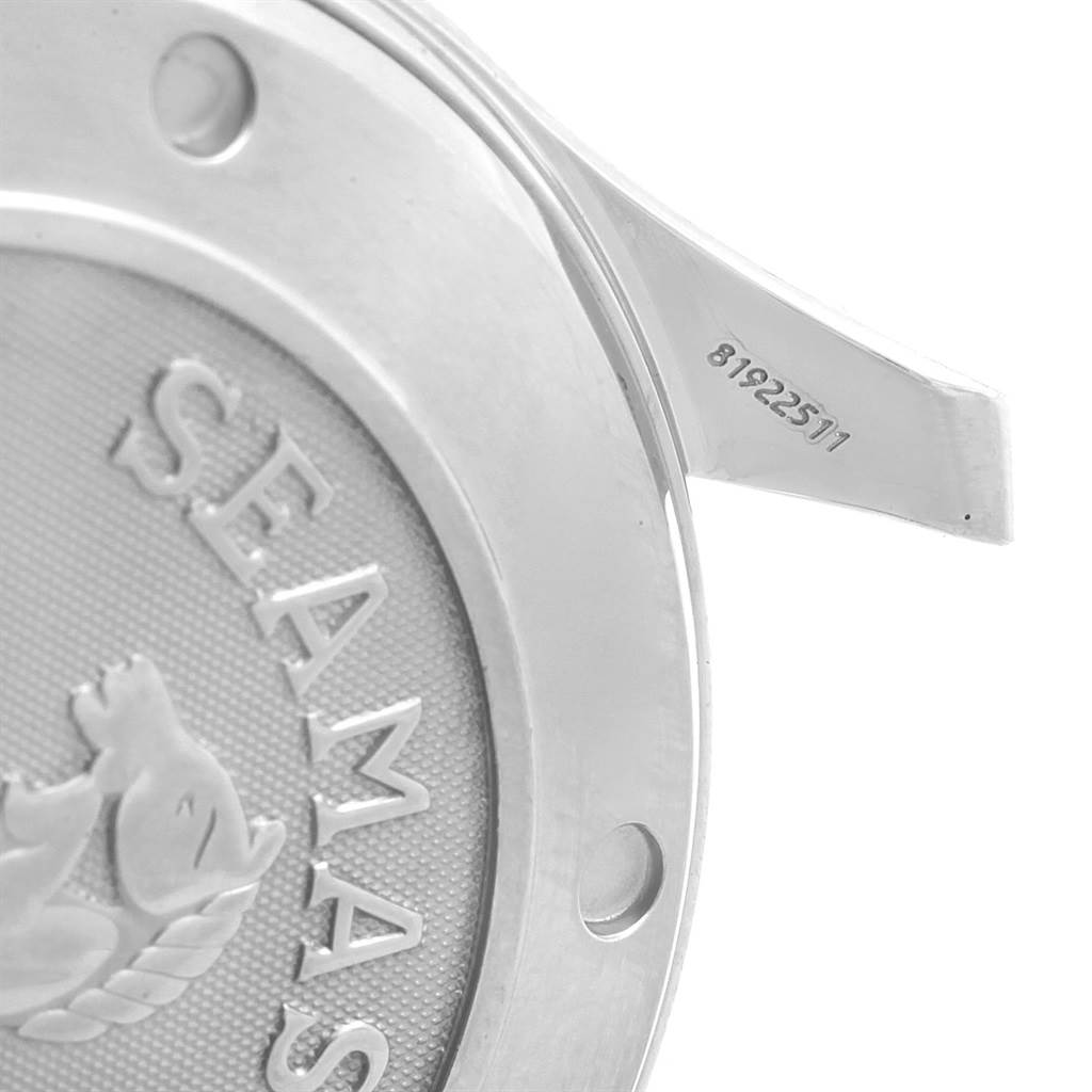 The image shows a close-up of the back case and lugs of an Omega Seamaster 212.30.41.20.01.002 Men
s Stainless Steel Black Dial 212.30.41.20.01.002 Men
s Stainless Steel Black Dial watch, featuring the Seamaster logo and serial number.