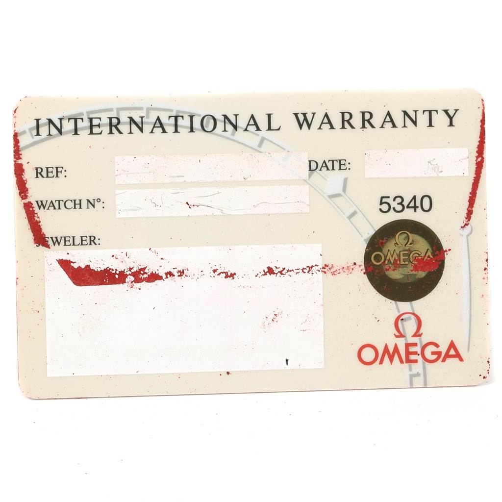 The image shows an International Warranty card for the Omega Seamaster 2531.80.00 Men's Stainless Steel Blue Dial 2531.80.00 Men's Stainless Steel Blue Dial watch model.