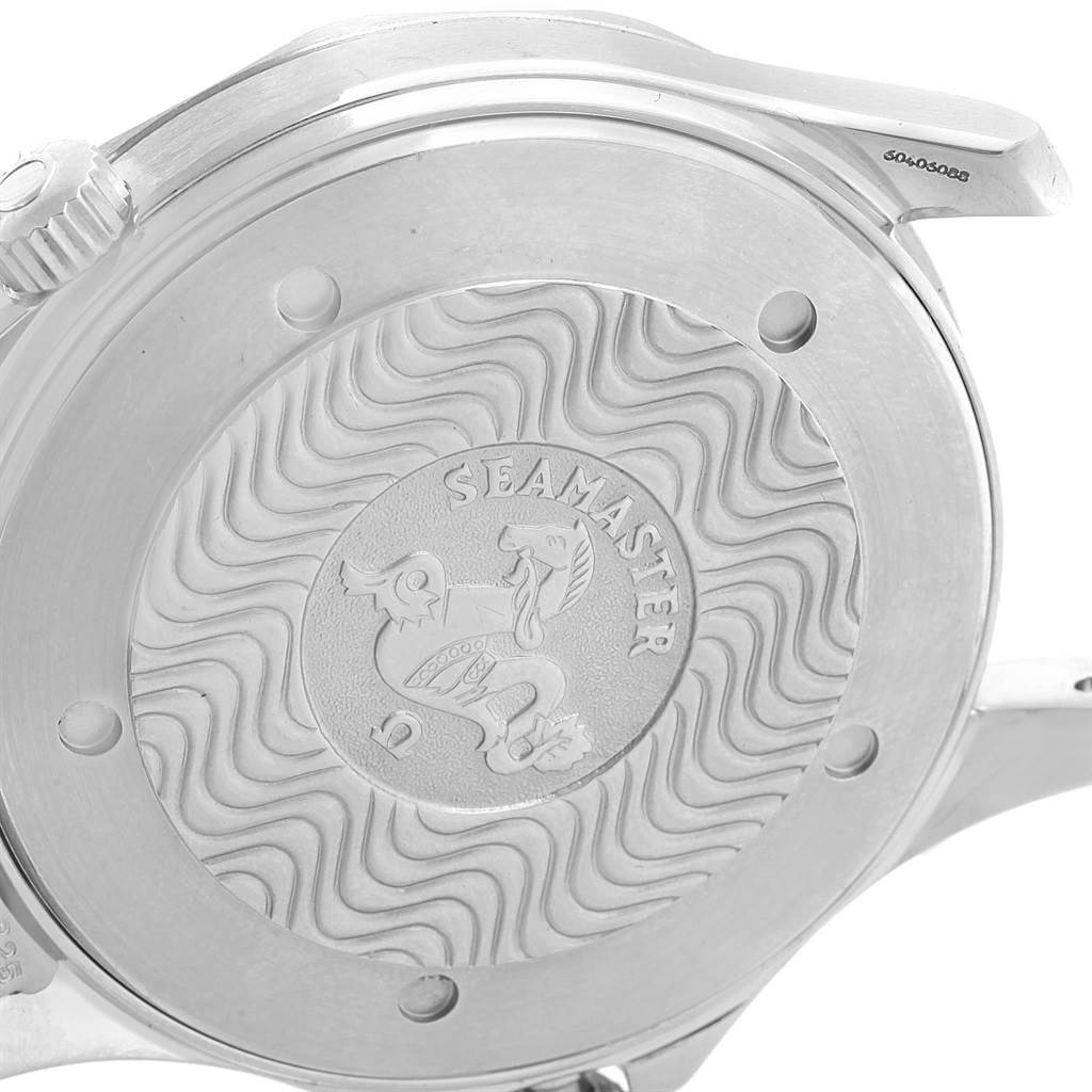 The image shows the back case of an Omega Seamaster 2531.80.00 Men's Stainless Steel Blue Dial 2531.80.00 Men's Stainless Steel Blue Dial watch, featuring its engraved design.