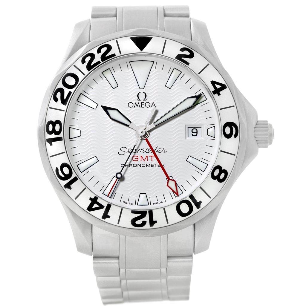 The Omega Seamaster 2538.20.00 Men
s Stainless Steel White Dial 2538.20.00 Men
s Stainless Steel White Dial GMT watch is shown from a front angle, displaying its dial, bezel, and stainless steel bracelet.
