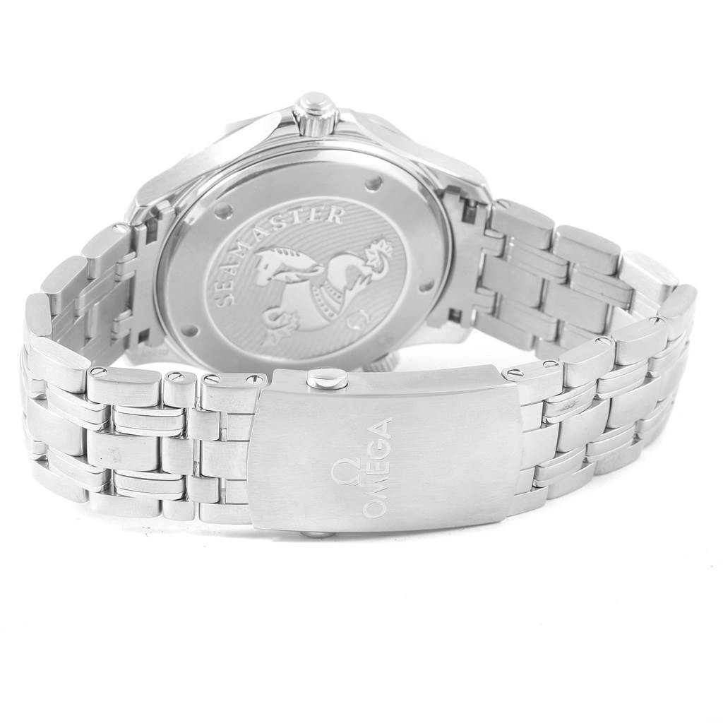 The image shows the back case and stainless steel bracelet with clasp of an Omega Seamaster 212.30.41.20.03.001 Men
s Stainless Steel Blue Dial 212.30.41.20.03.001 Men
s Stainless Steel Blue Dial watch.