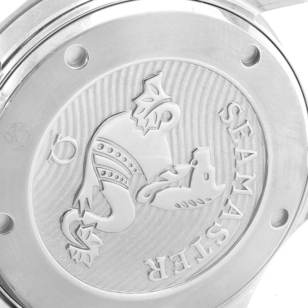 The image shows the case back of an Omega Seamaster 212.30.41.20.03.001 Men
s Stainless Steel Blue Dial 212.30.41.20.03.001 Men
s Stainless Steel Blue Dial watch, featuring the engraved Seamaster logo.