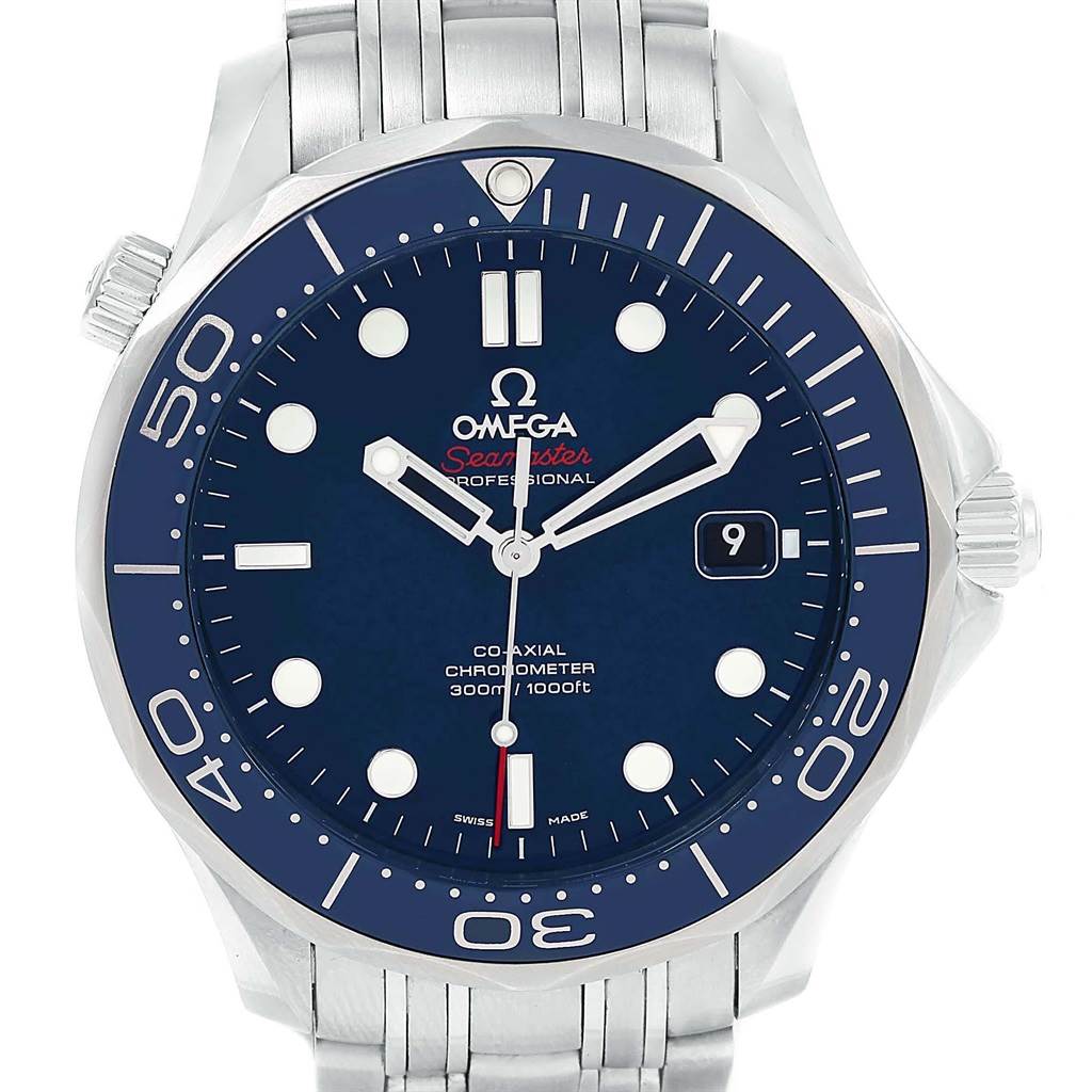 This image shows a front view of the Omega Seamaster 212.30.41.20.03.001 Men
s Stainless Steel Blue Dial 212.30.41.20.03.001 Men
s Stainless Steel Blue Dial watch displaying its dial, bezel, hands, and metal bracelet.