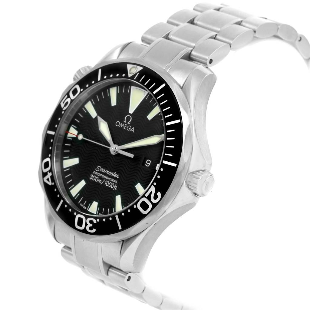 The image shows a front-side angle of an Omega Seamaster 2264.50.00 Men
s Stainless Steel Black Dial 2264.50.00 Men
s Stainless Steel Black Dial watch, highlighting its black dial, stainless steel bracelet, and bezel.