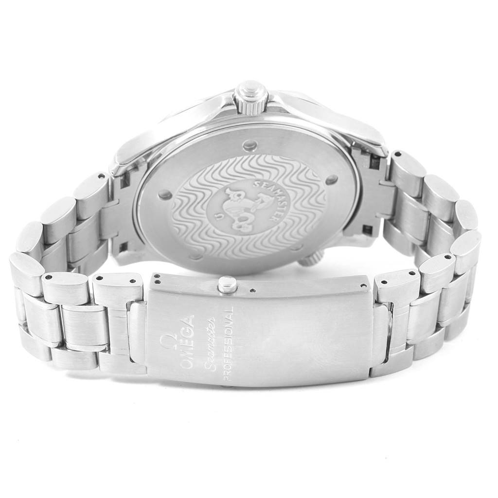 The image shows the back and clasp of an Omega Seamaster 2264.50.00 Men
s Stainless Steel Black Dial 2264.50.00 Men
s Stainless Steel Black Dial watch, displaying the engraved case back and metal bracelet.